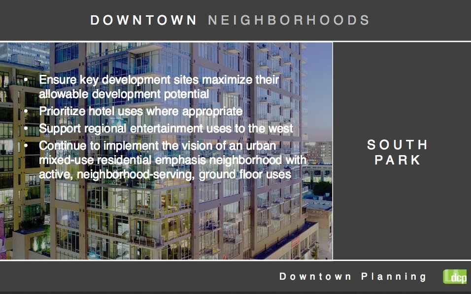 Re:code presentation slide on downtown-specific development. Source: City Planning