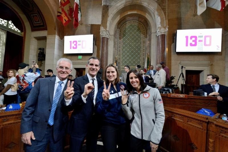 Councilmember Krekorian, Mayor Garcetti, IOC member Angela Ruggiero and former Olympian and LA 2024 Vice Chair Janet Evans celebrate the City Council’s vote.